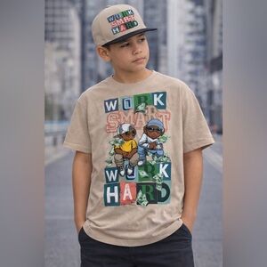 Kids Beige Graphic Tee with Motivational Design & Hat Sz L 10-12 NWT